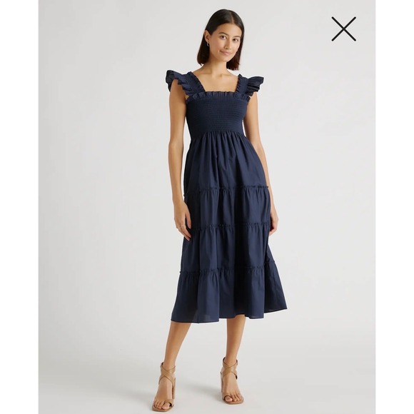 Quince Dresses & Skirts - Quince Navy Blue Organic Cotton Smocked Tiered Maxi Dress Ruffle Strap XL